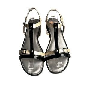 Bandolino sandal flat strappy black cream patent leather size 10